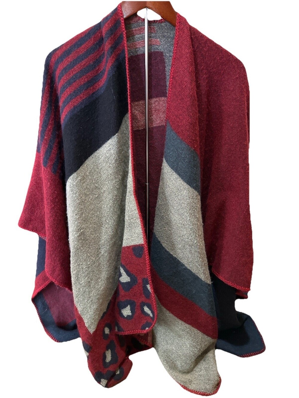 Boho Knit Poncho Wrap Shawl Ruana Red Striped Colorblock Womens OS